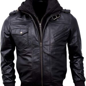 Mens Hooded Bomber Leather Jacket Waxed Brown Leat